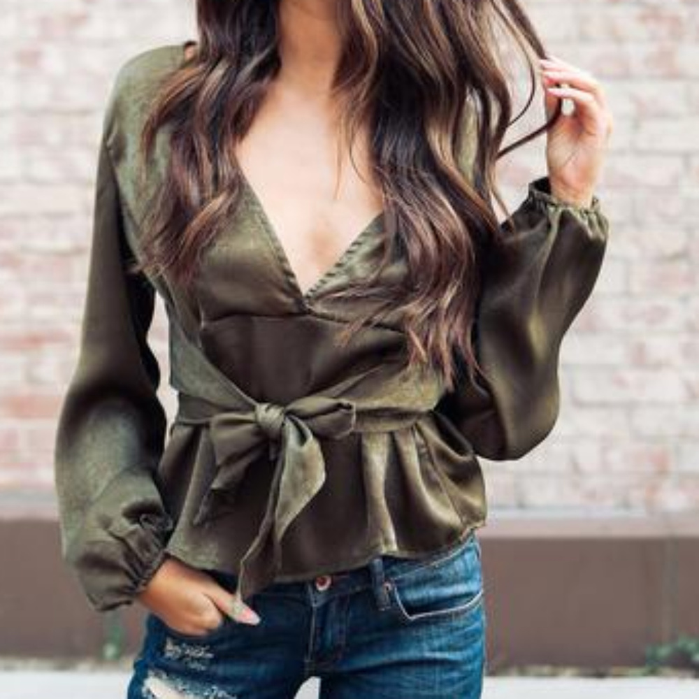 Beautiful Olive Green Tie Blouse